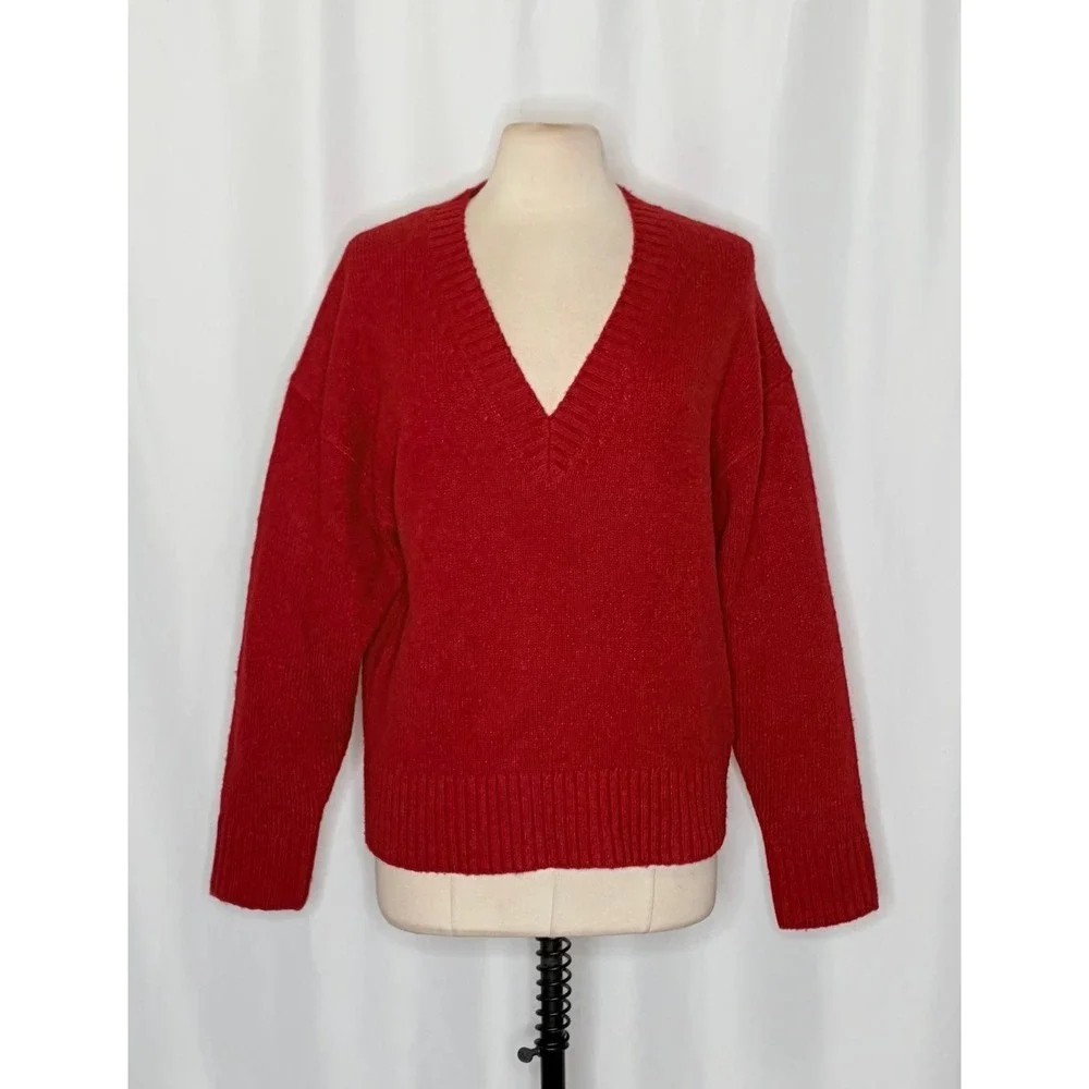 J. CREW Relaxed V Neck Pullover Sweater‎ Solid Red Merino Wool Alpaca Medium